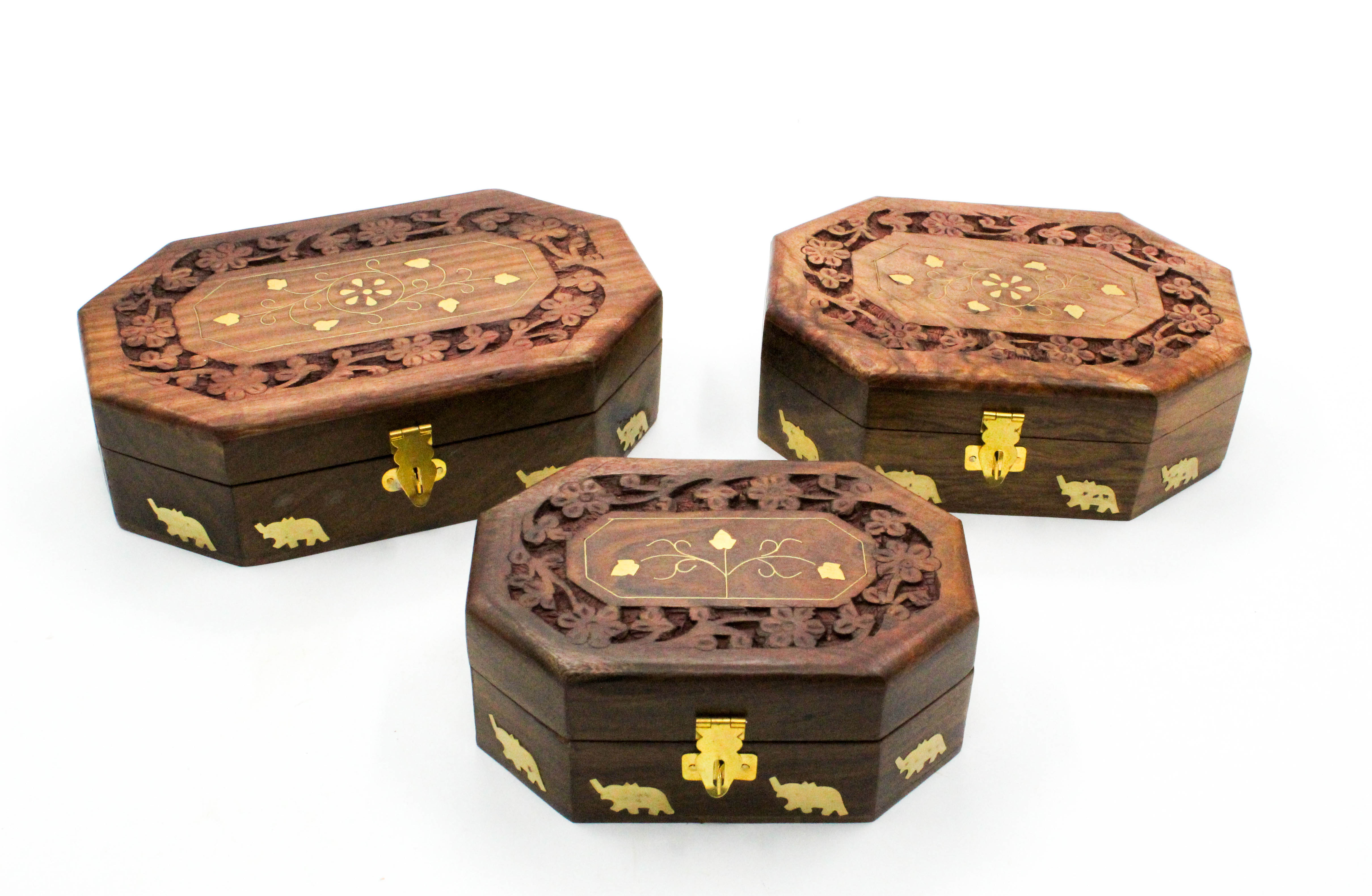 Decorative Wooden Storage Boxes with Elephant Design, Set of 3, Brown with Brass Latch
