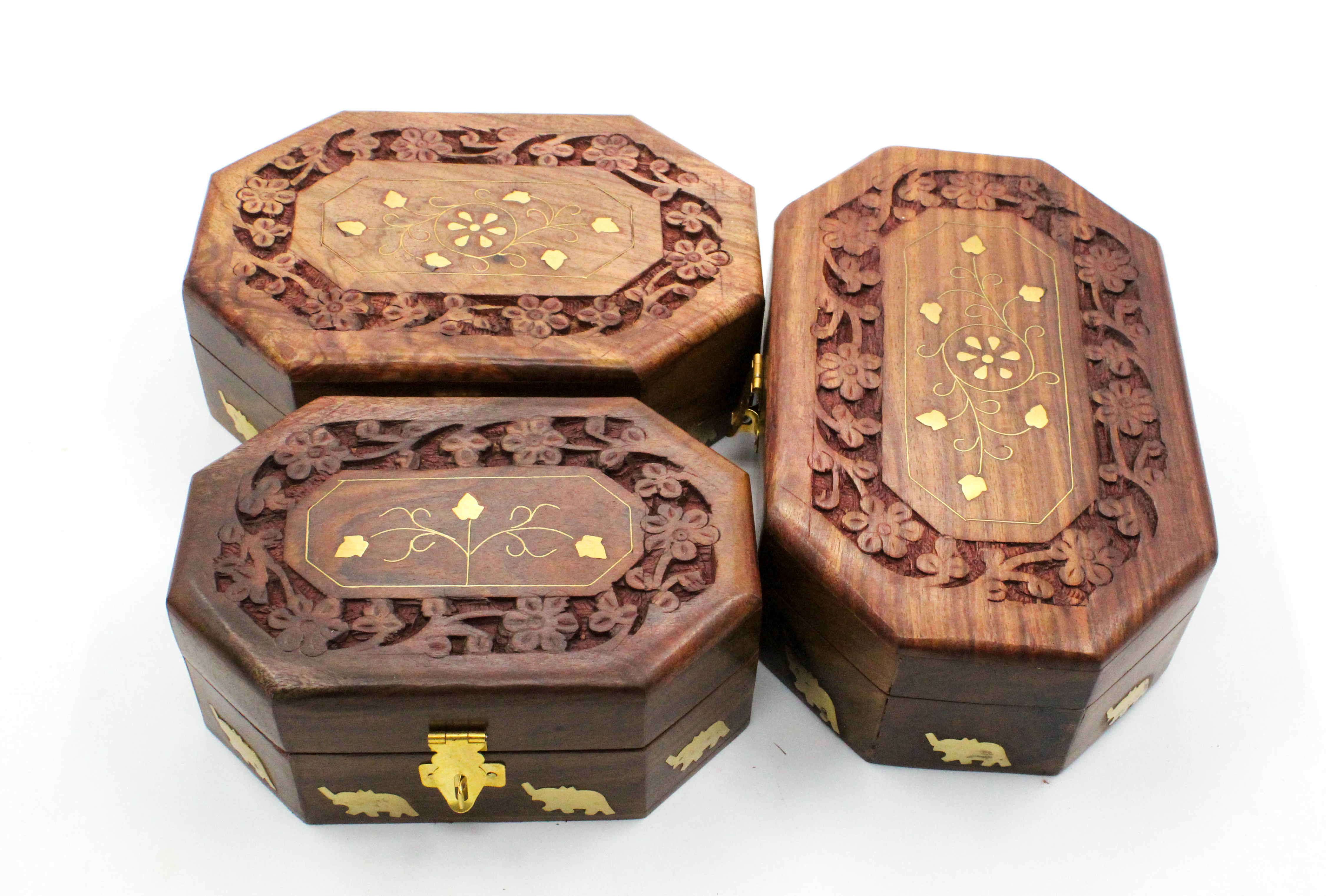 Decorative Wooden Storage Boxes with Elephant Design, Set of 3, Brown with Brass Latch