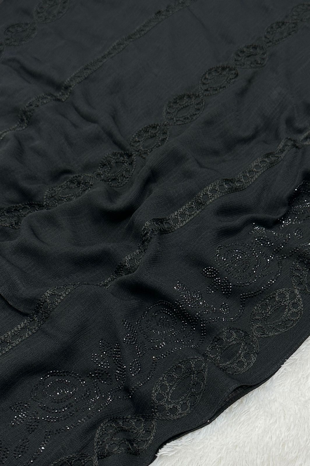 Elegant Black Cotton Hijab with Full Embroidery and Stone-Embellished Border
