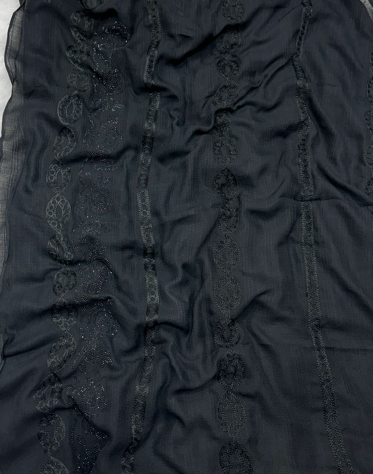 Elegant Black Cotton Hijab with Full Embroidery and Stone-Embellished Border