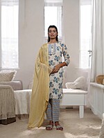 WHITE AND BLUE COTTON PAISLEY PRINT SALWAR SUIT