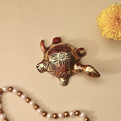 Brass Tortoise with Shree Yantra/Kuber Yantra on Back - 4 inch Length | Brass Tortoise with Shree Yantra/Kuber Yantra for Vastu Benefits