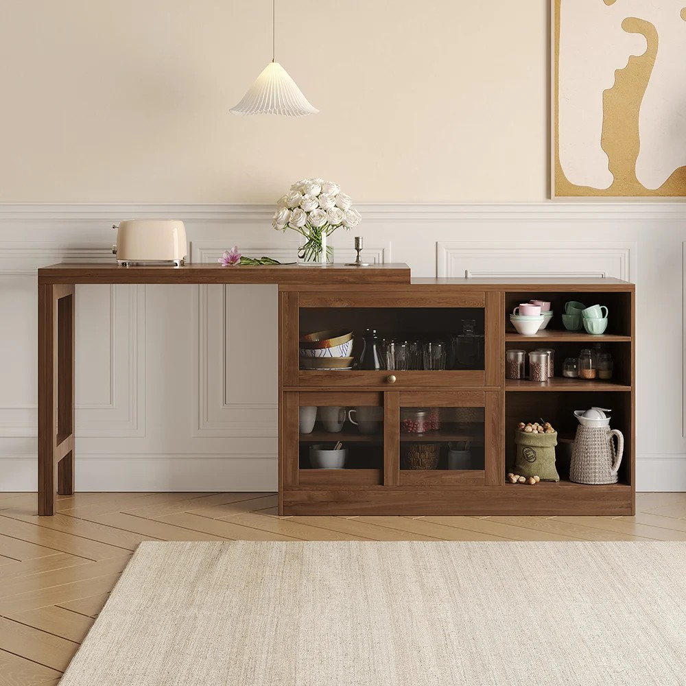 Furnlluxra Multi-Functional Solid Wood Expandable Dining Table with Storage Unit