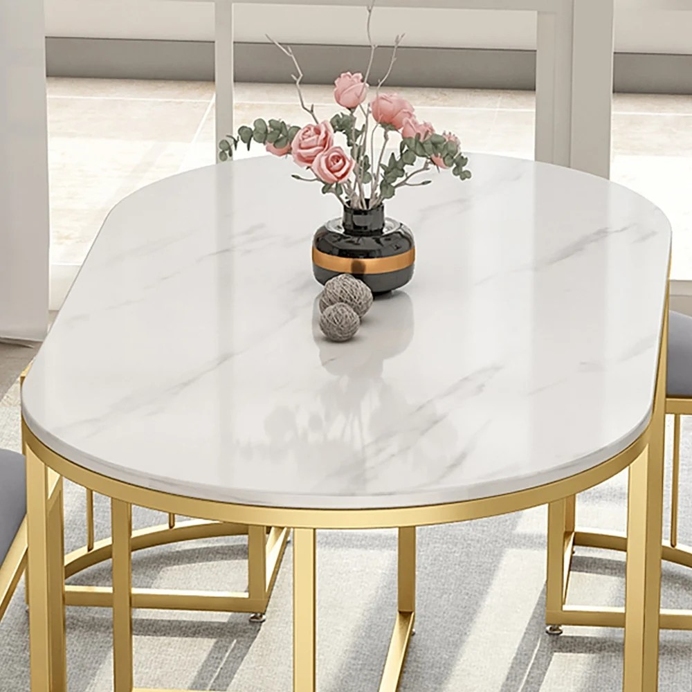 Luxury Space-Saving Oval Dining Table Set with 6 Nesting Stools � Marble Top & Gold Frame