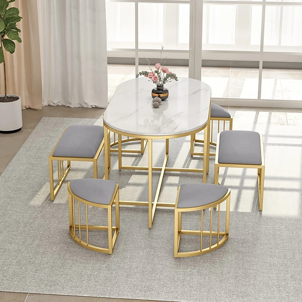 Luxury Space-Saving Oval Dining Table Set with 6 Nesting Stools � Marble Top & Gold Frame