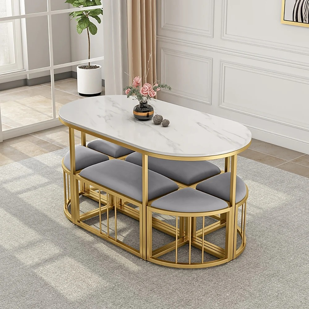 Luxury Space-Saving Oval Dining Table Set with 6 Nesting Stools � Marble Top & Gold Frame
