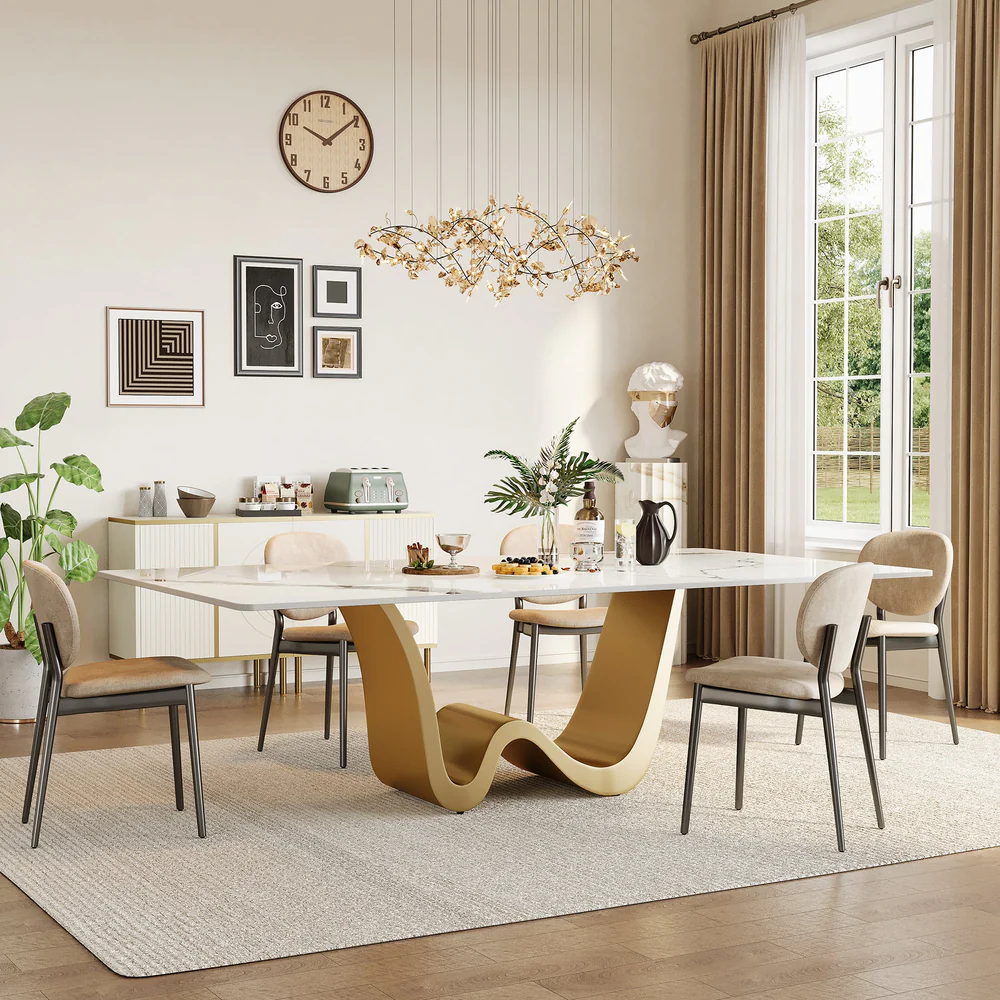 Luxury 6-Seater Marble Dining Table Set with Sculptural Wave Base and Velvet Chairs � Modern Elegance Redefined