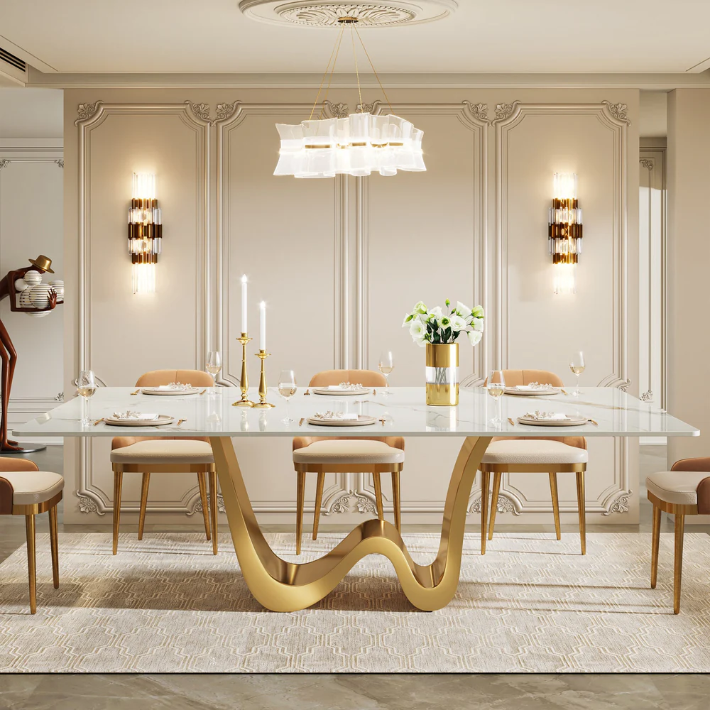 Luxury 6-Seater Marble Dining Table Set with Sculptural Wave Base and Velvet Chairs � Modern Elegance Redefined