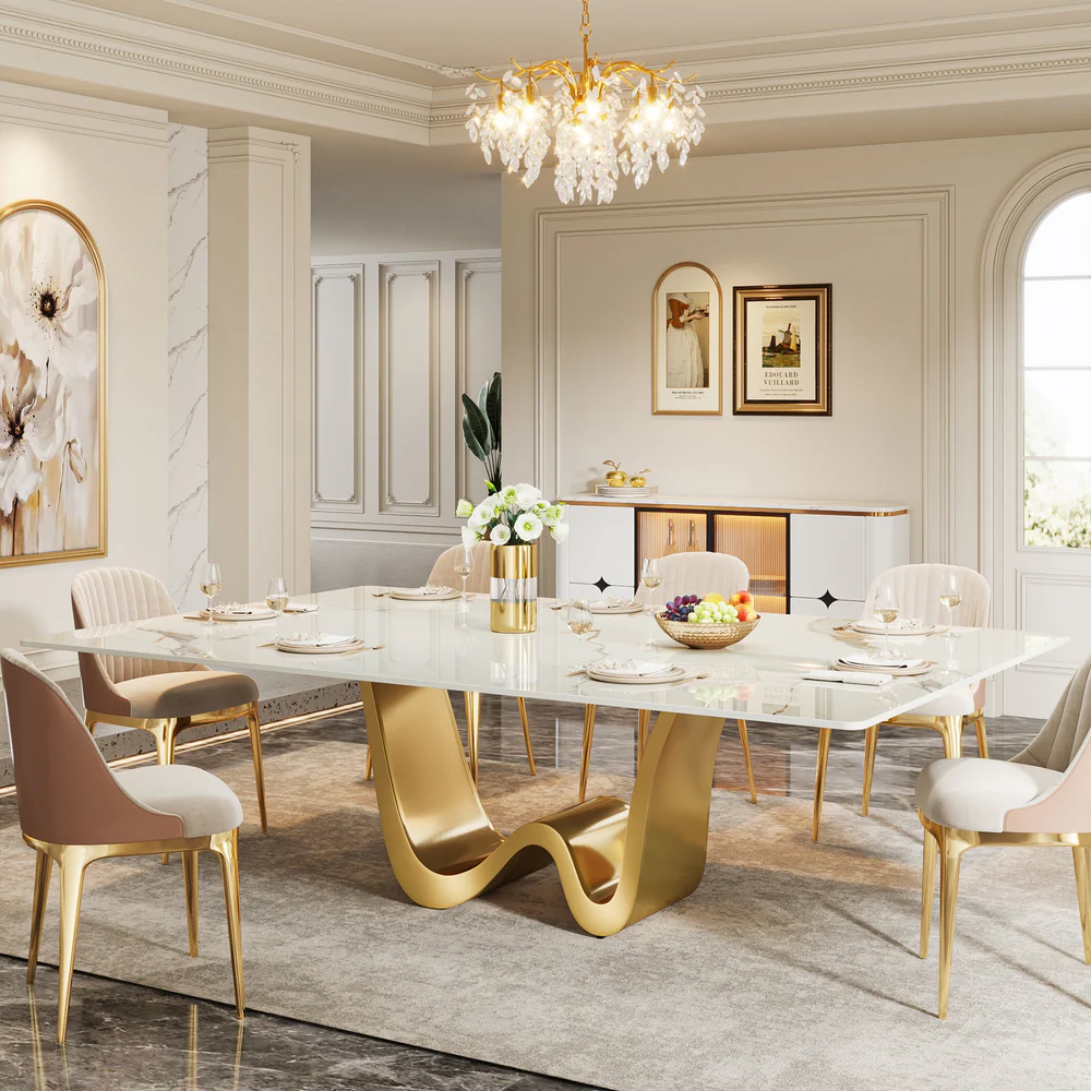 Luxury 6-Seater Marble Dining Table Set with Sculptural Wave Base and Velvet Chairs � Modern Elegance Redefined