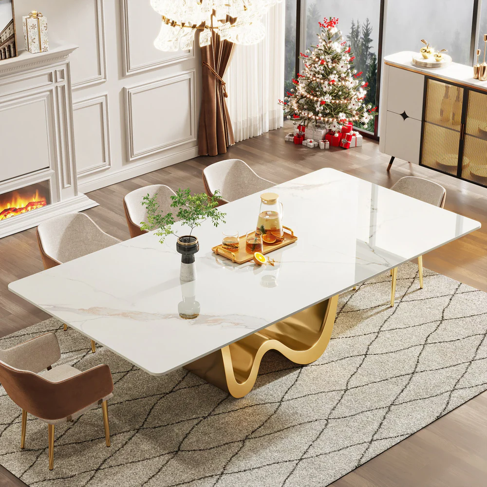 Luxury 6-Seater Marble Dining Table Set with Sculptural Wave Base and Velvet Chairs � Modern Elegance Redefined