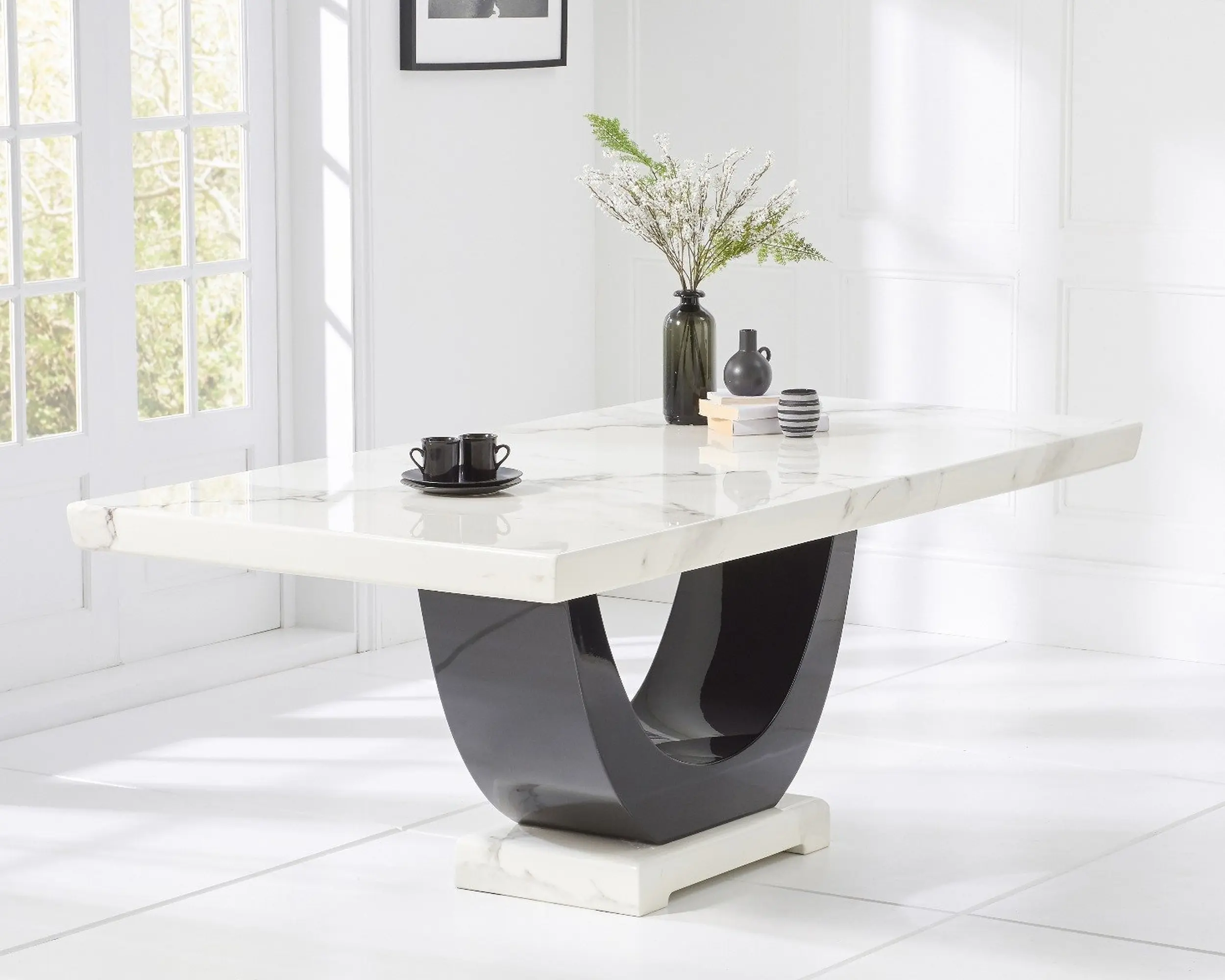 Contemporary Marble Dining Table Set with 6 High-Back Fabric Chairs � Gloss Black Curved Pedestal Base