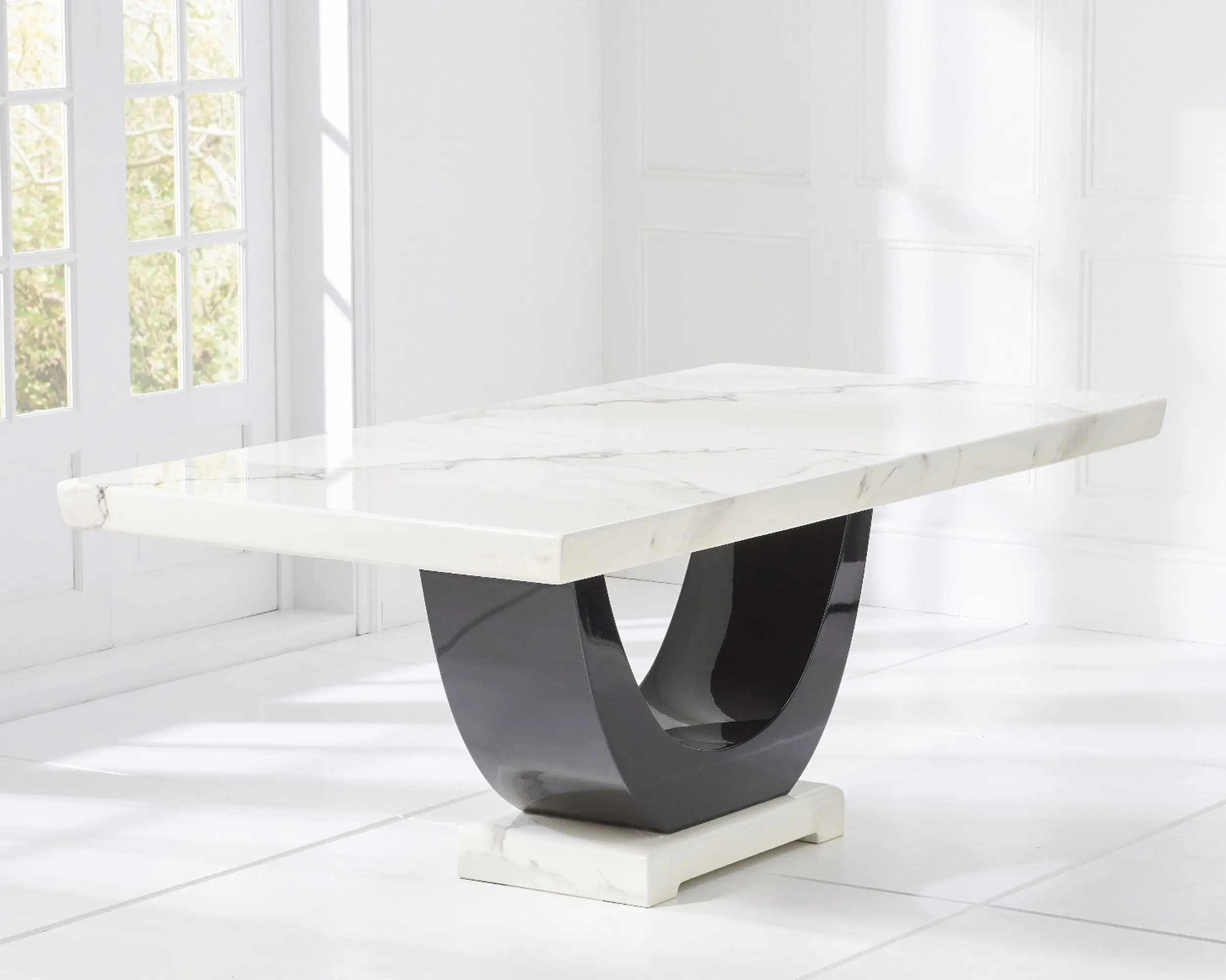Contemporary Marble Dining Table Set with 6 High-Back Fabric Chairs � Gloss Black Curved Pedestal Base
