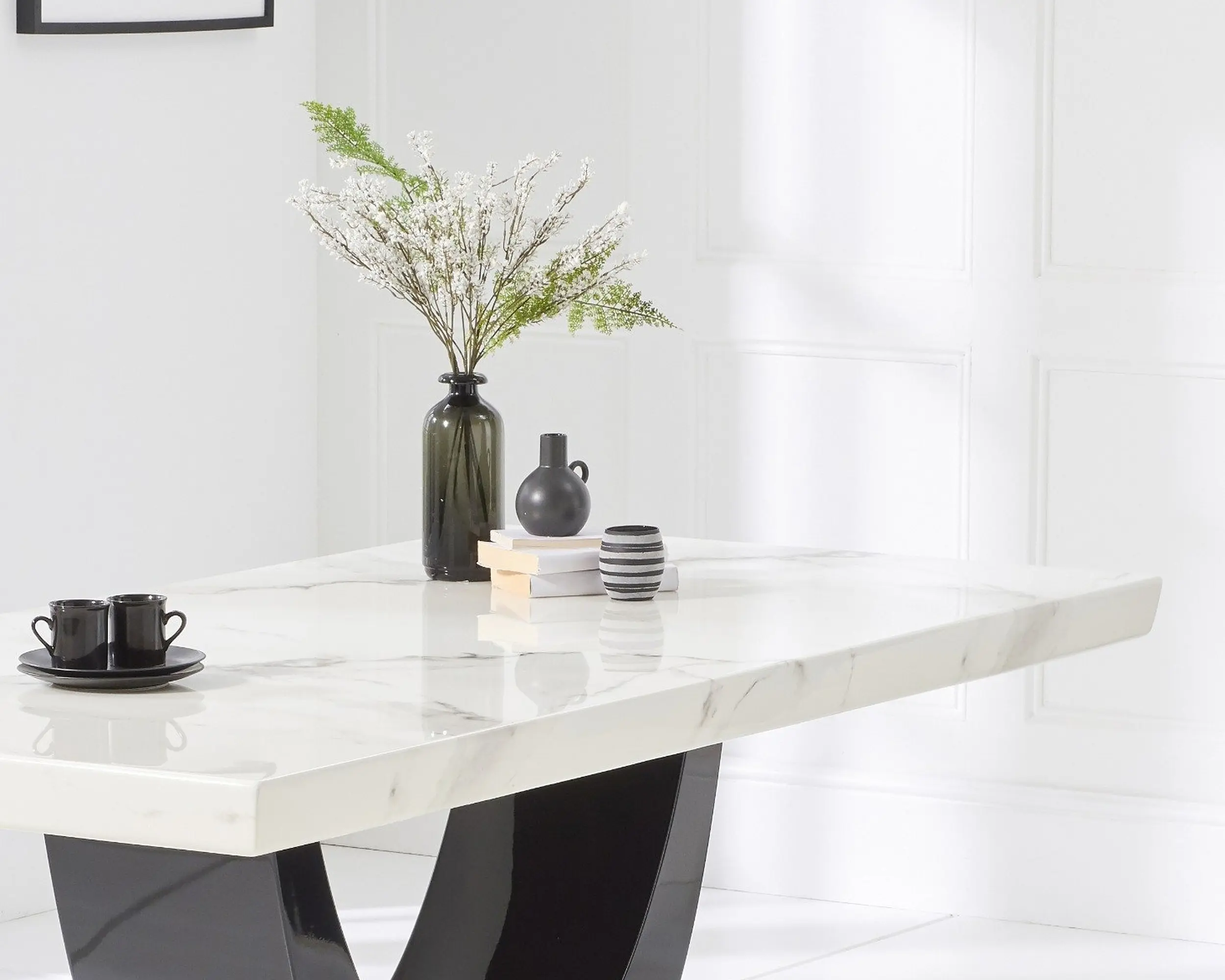 Contemporary Marble Dining Table Set with 6 High-Back Fabric Chairs � Gloss Black Curved Pedestal Base