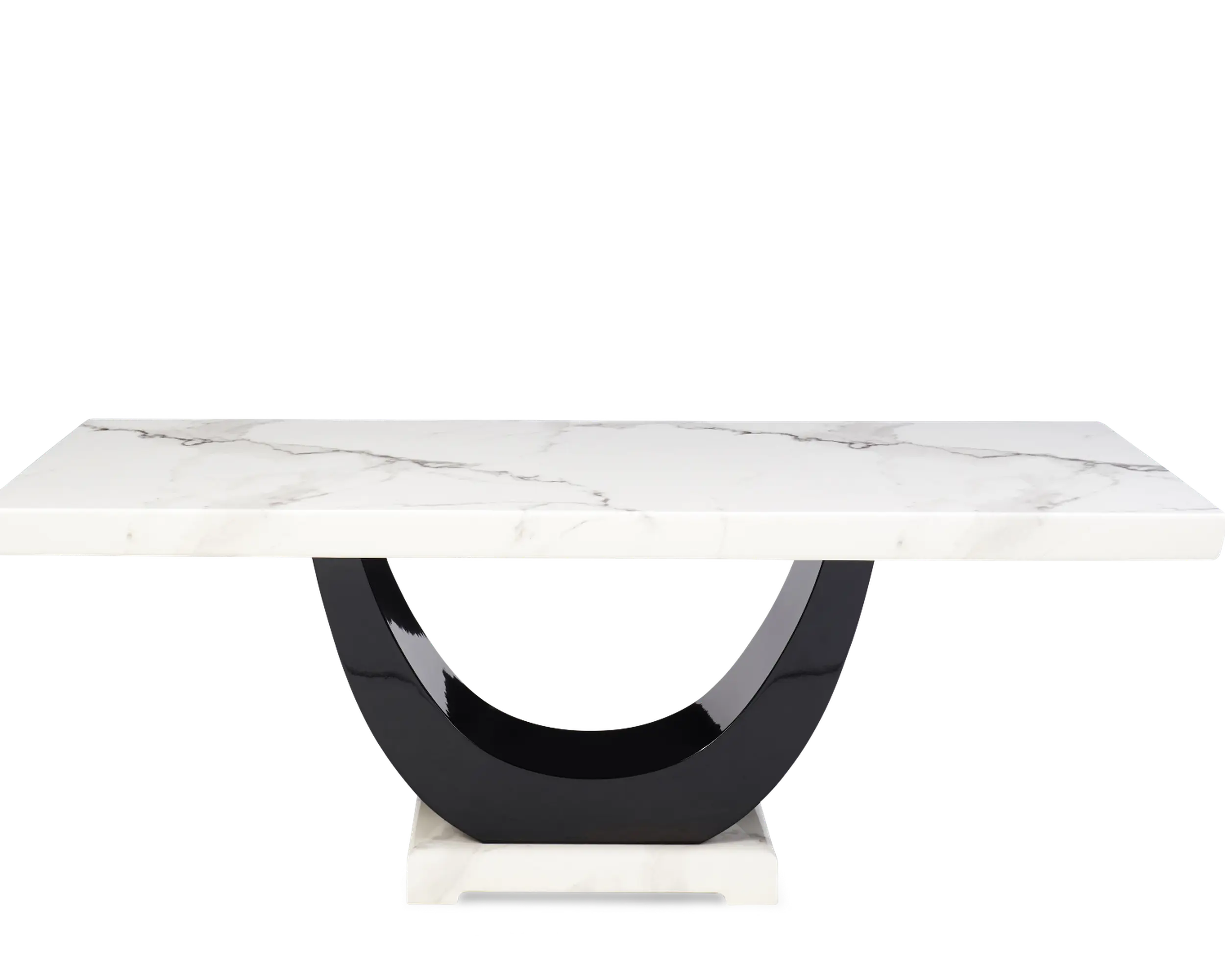 Contemporary Marble Dining Table Set with 6 High-Back Fabric Chairs � Gloss Black Curved Pedestal Base