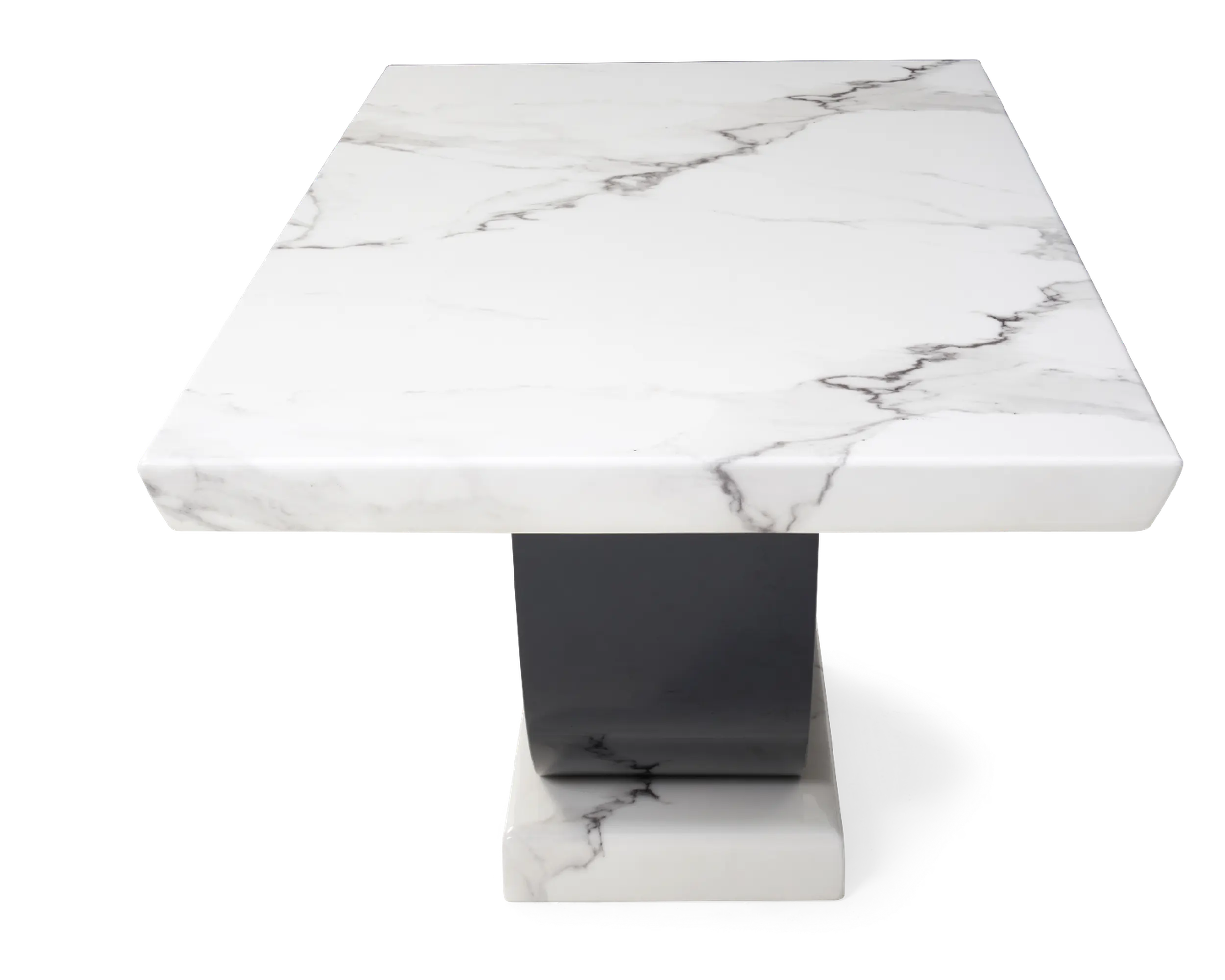 Contemporary Marble Dining Table Set with 6 High-Back Fabric Chairs � Gloss Black Curved Pedestal Base