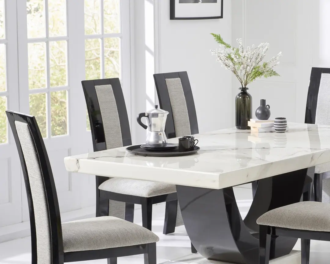 Contemporary Marble Dining Table Set with 6 High-Back Fabric Chairs � Gloss Black Curved Pedestal Base