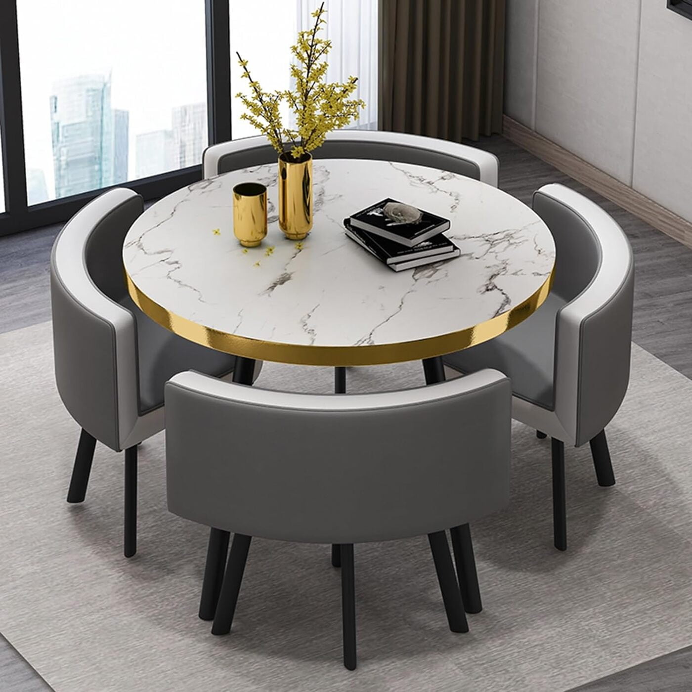 35.5 Marble Look Tabletop with Golden Edge Space Saving Design