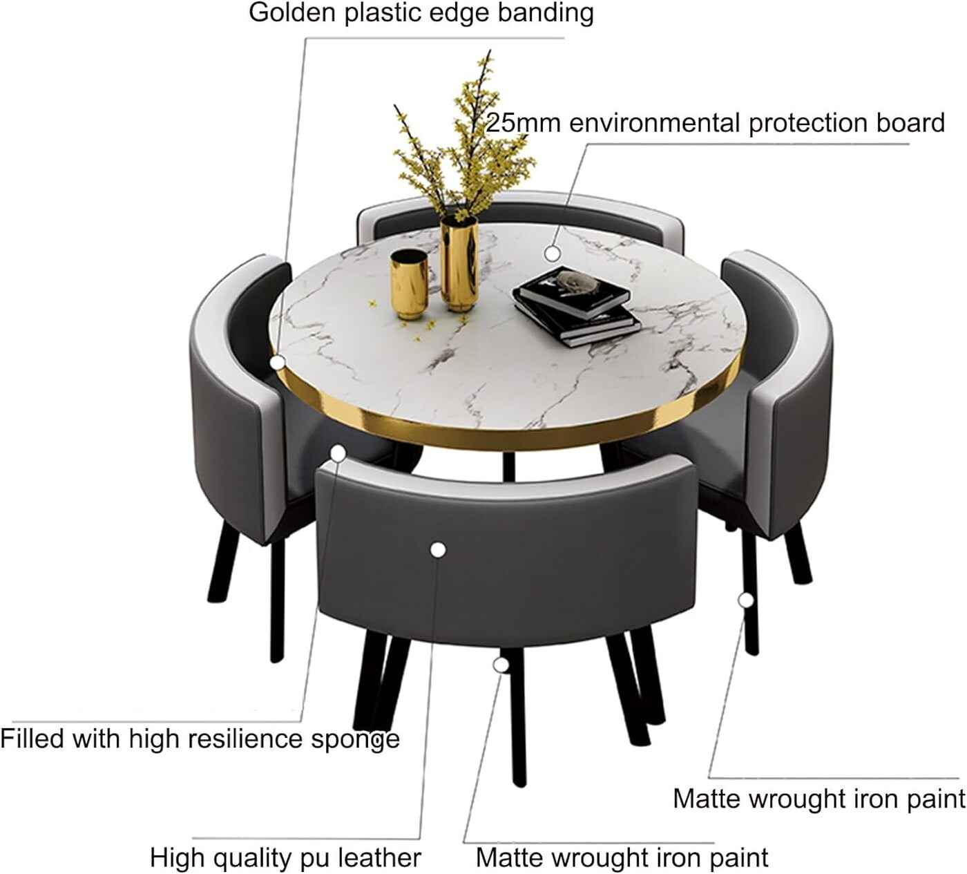 35.5 Marble Look Tabletop with Golden Edge Space Saving Design