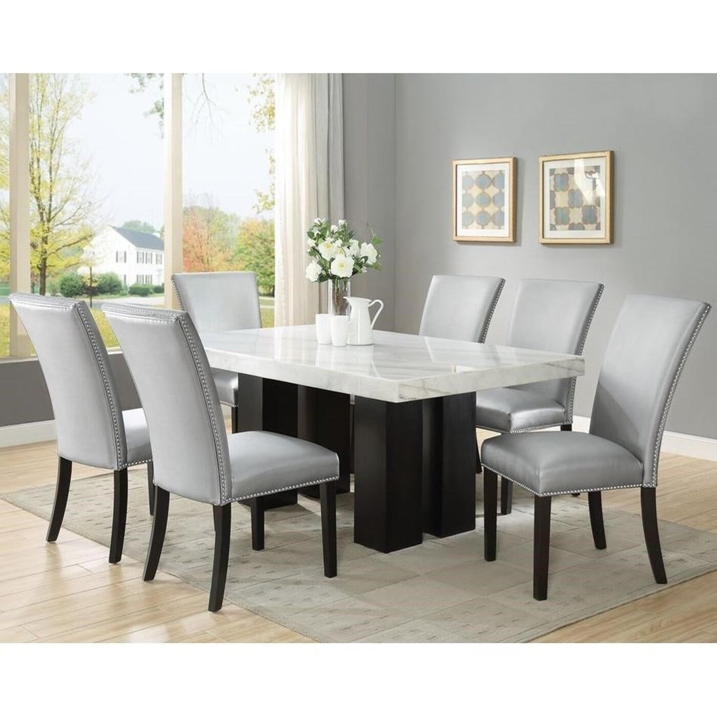Modern 7 Piece Marble Dining Table Set with Upholstered Chairs Elegant Gray Black Finish