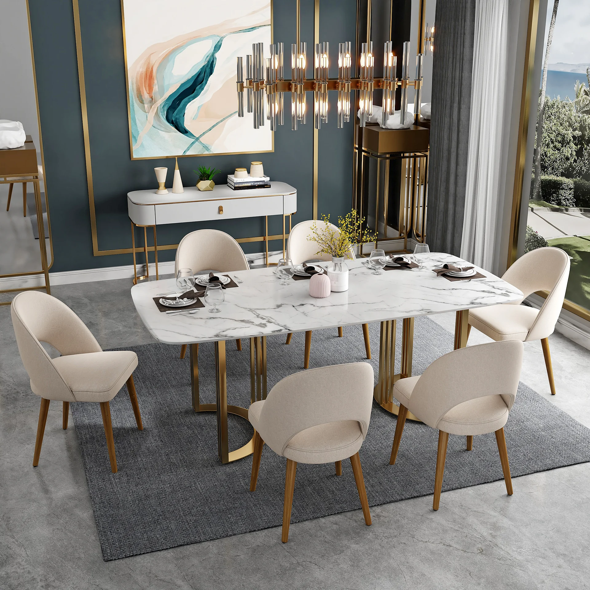 Elegant Curved-Back Dining Chair with Wooden Legs � Beige Upholstery