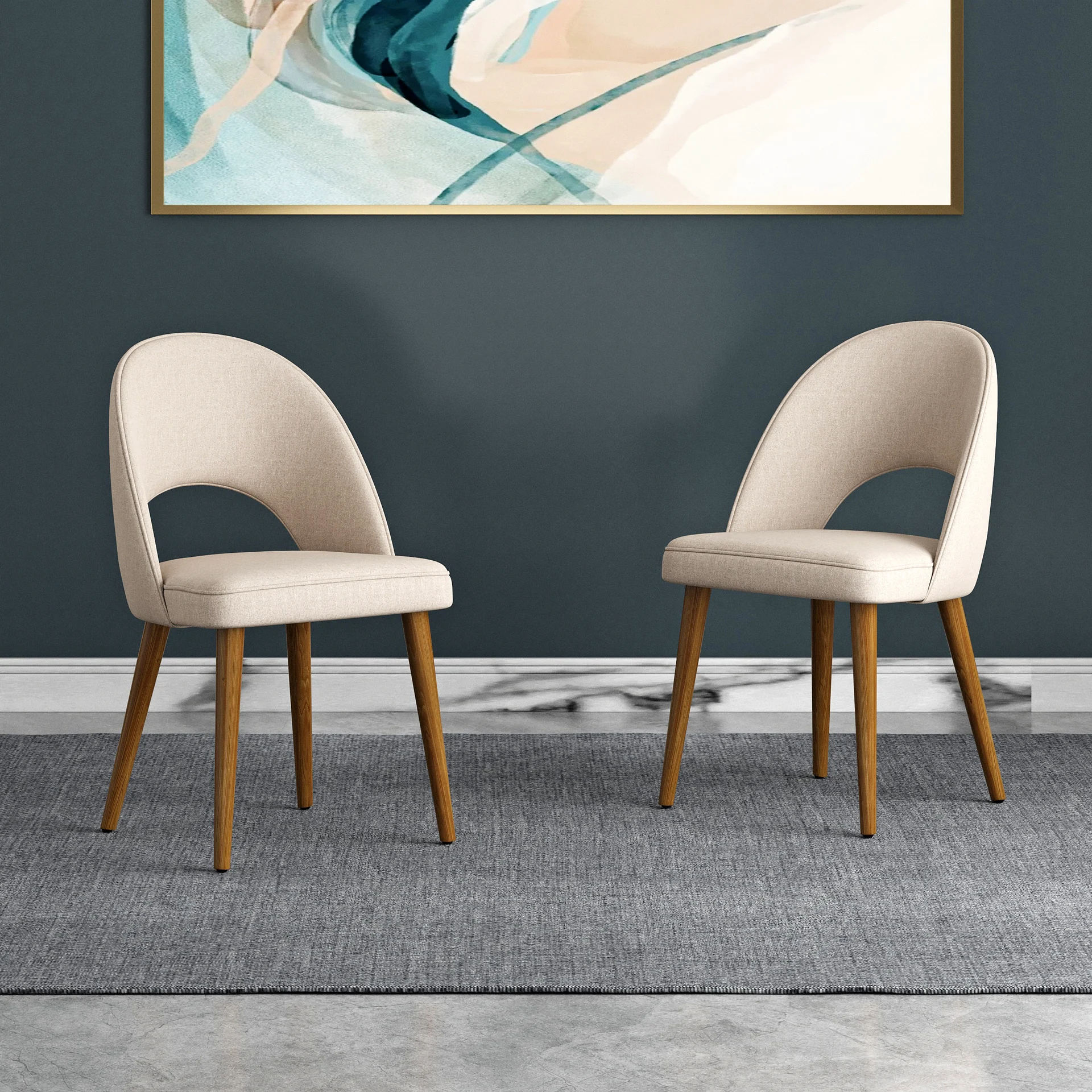 Elegant Curved-Back Dining Chair with Wooden Legs � Beige Upholstery