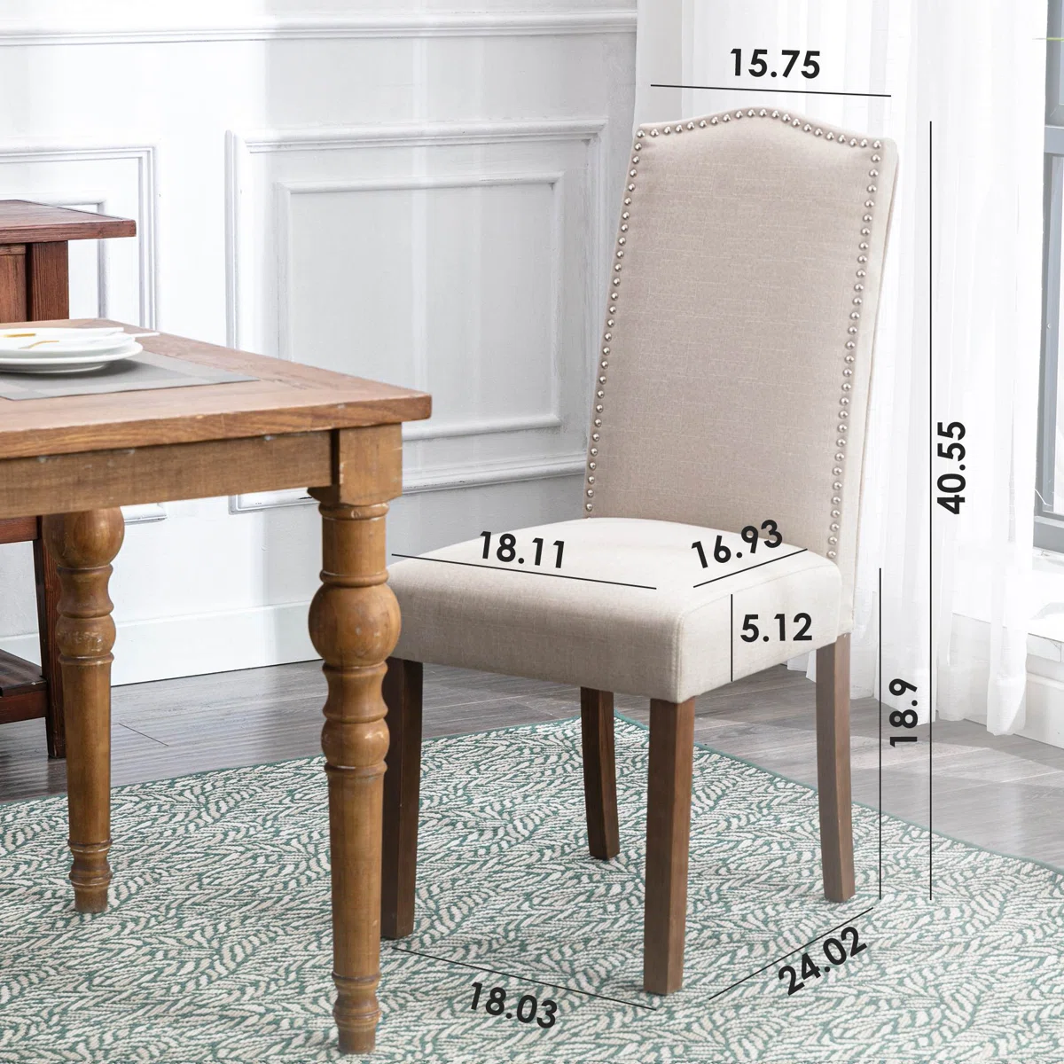 Set of 2 Upholstered Dining Chairs with Nailhead Trim � Beige Linen Fabric and Solid Wood Legs