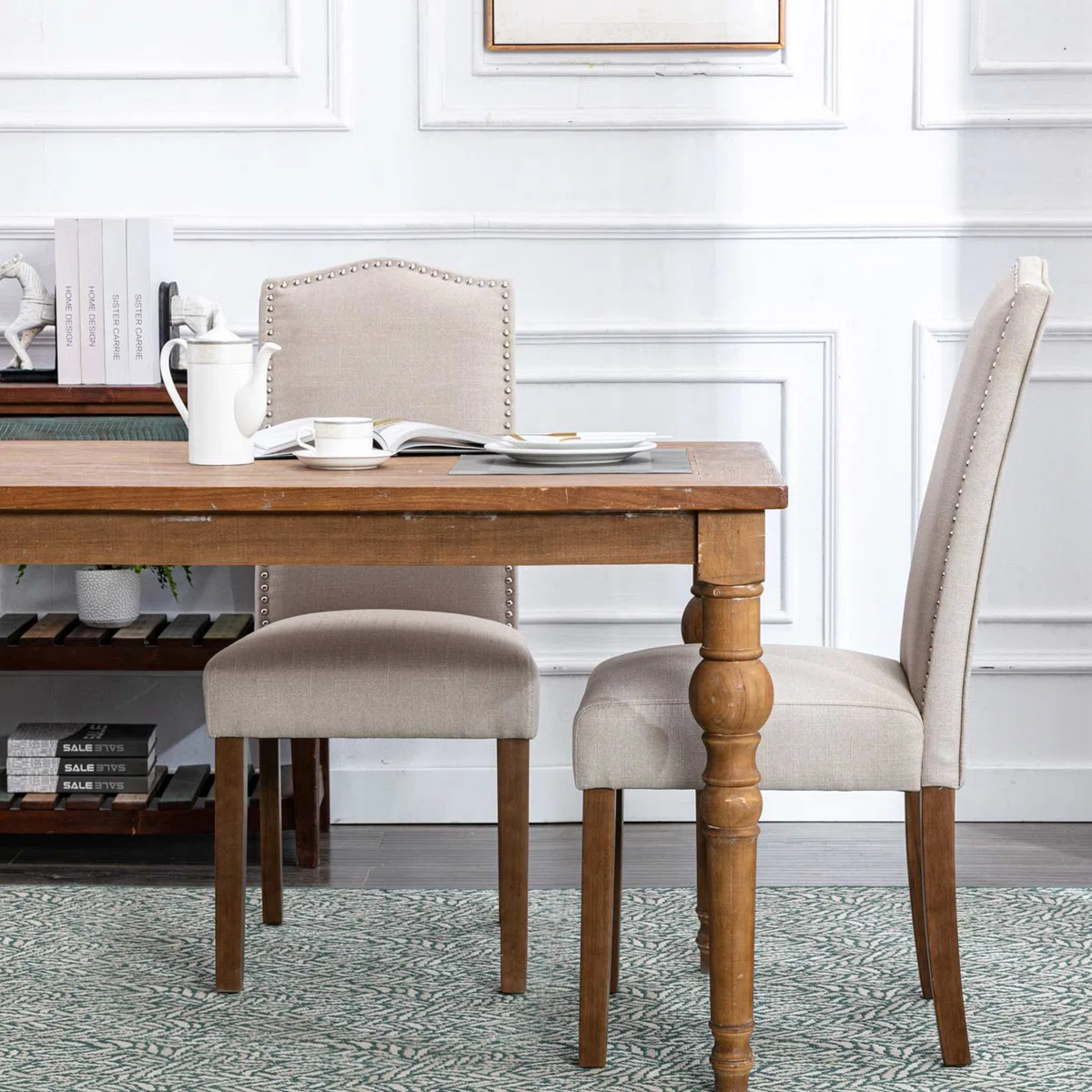 Set of 2 Upholstered Dining Chairs with Nailhead Trim � Beige Linen Fabric and Solid Wood Legs
