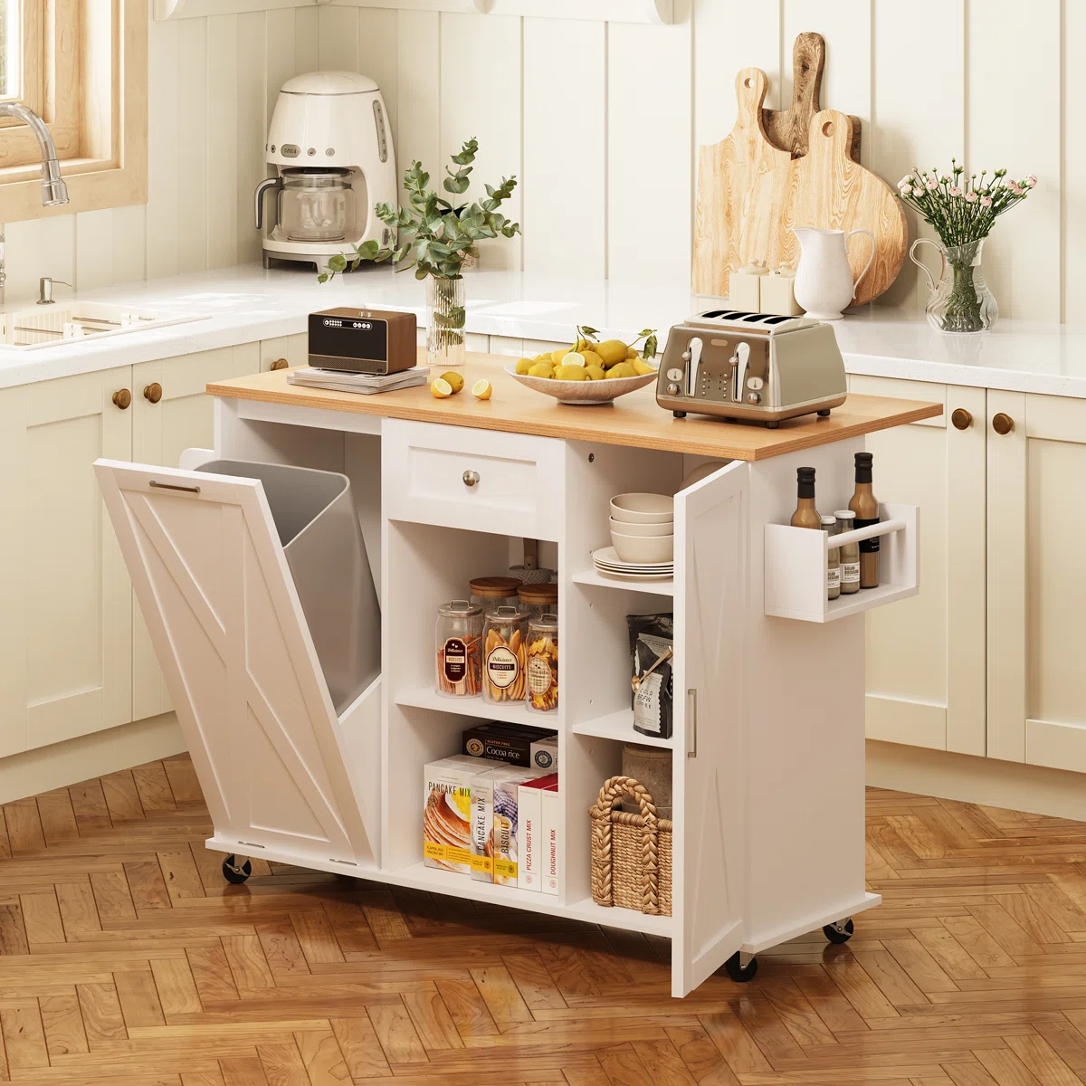 furnlluxra Multi-Functional Kitchen Island Cart with Drop Leaf Countertop, Storage Shelves, Trash Bin, Condiment & Towel Rack
