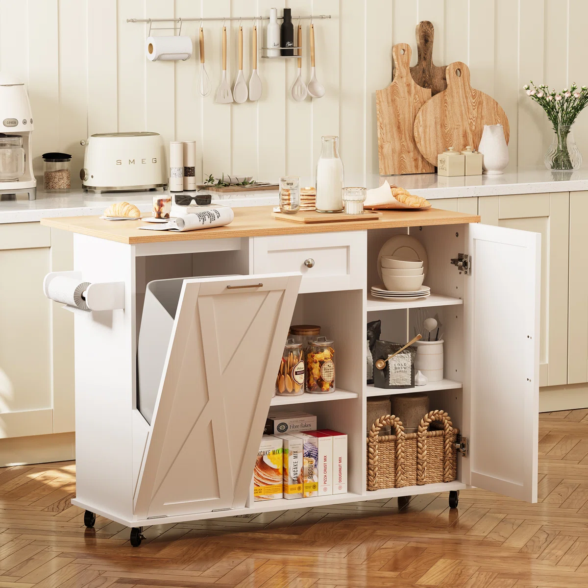 furnlluxra Multi-Functional Kitchen Island Cart with Drop Leaf Countertop, Storage Shelves, Trash Bin, Condiment & Towel Rack