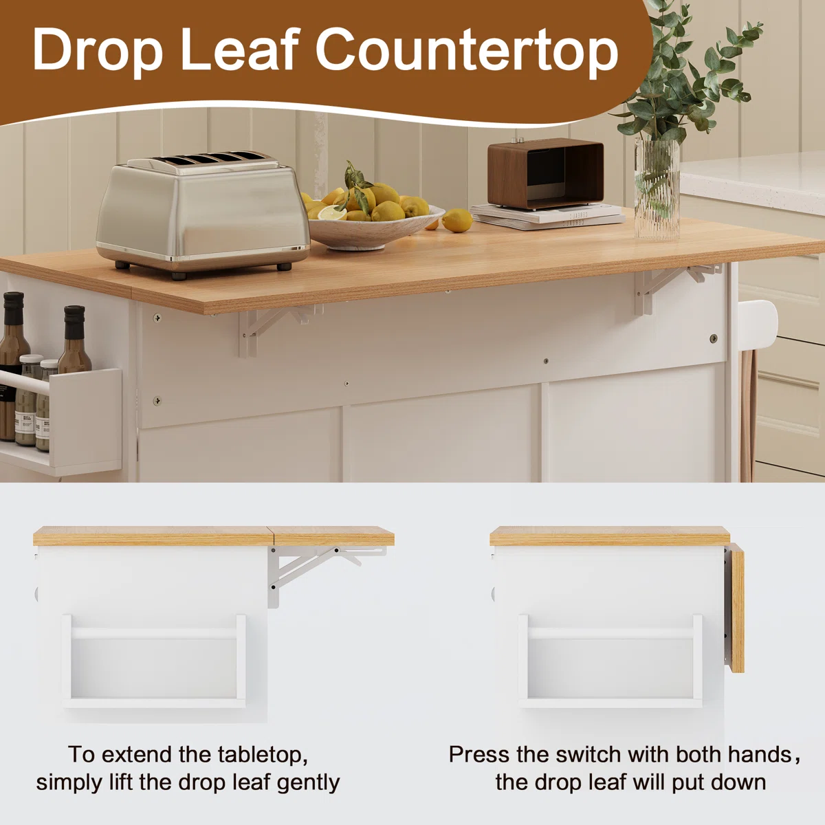 furnlluxra Multi-Functional Kitchen Island Cart with Drop Leaf Countertop, Storage Shelves, Trash Bin, Condiment & Towel Rack