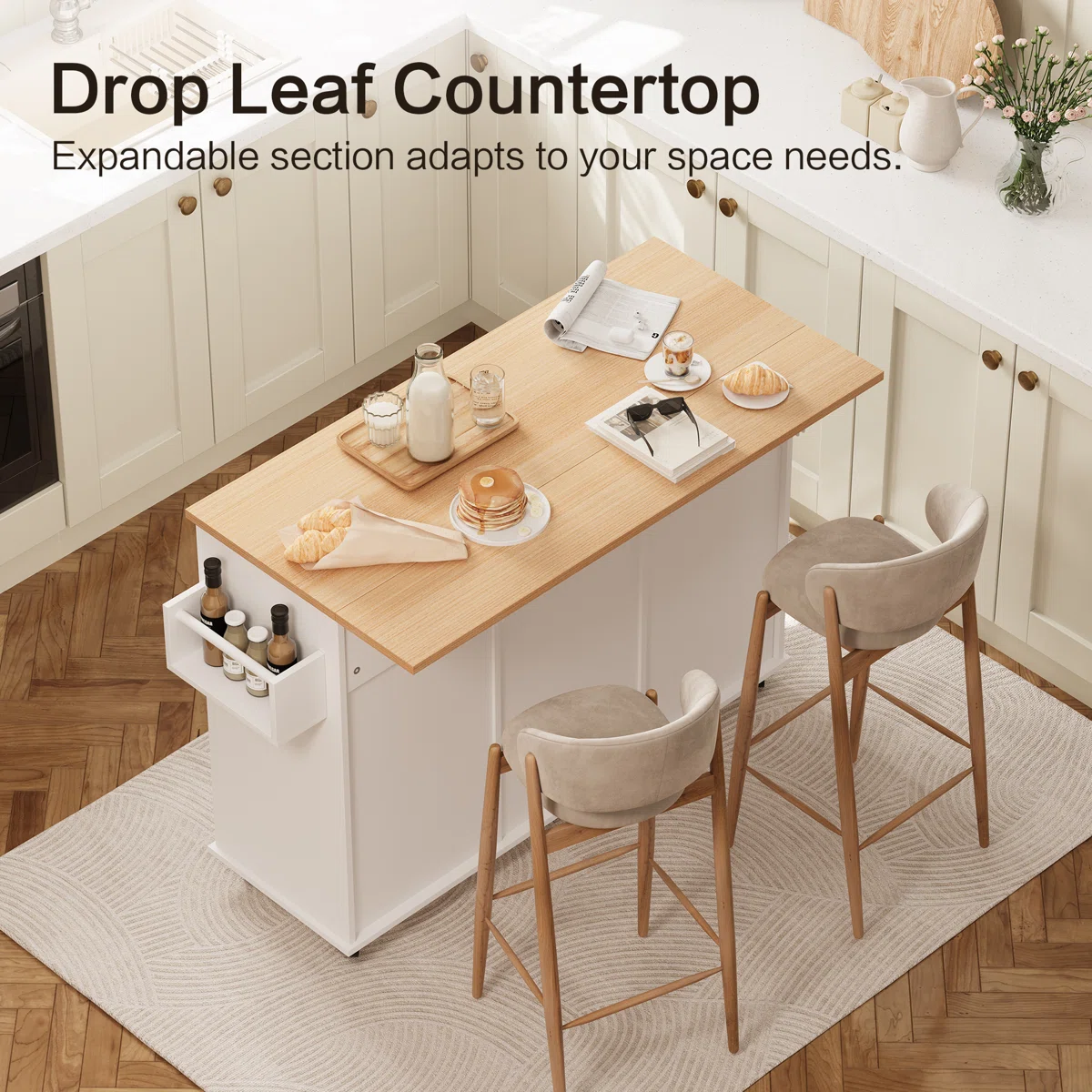 furnlluxra Multi-Functional Kitchen Island Cart with Drop Leaf Countertop, Storage Shelves, Trash Bin, Condiment & Towel Rack