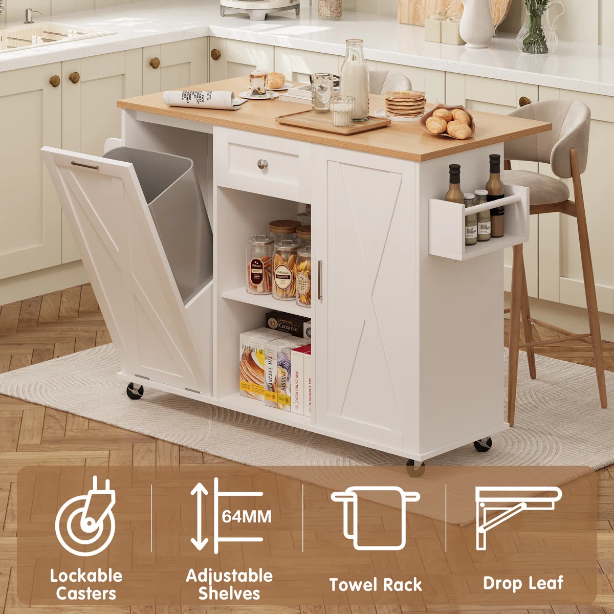furnlluxra Multi-Functional Kitchen Island Cart with Drop Leaf Countertop, Storage Shelves, Trash Bin, Condiment & Towel Rack