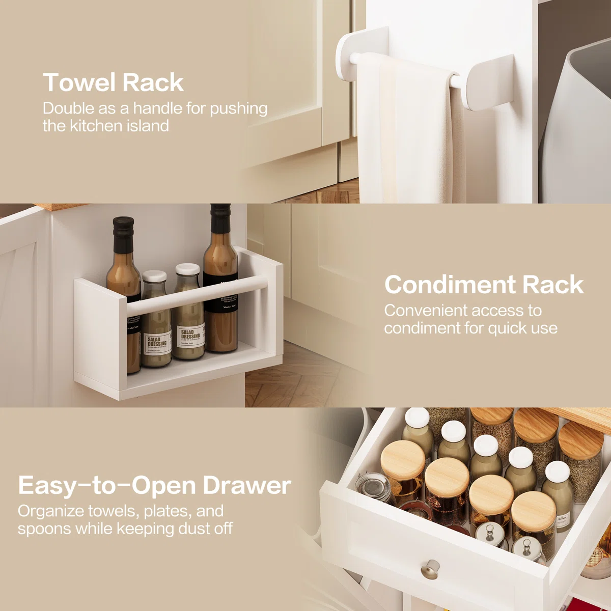 furnlluxra Multi-Functional Kitchen Island Cart with Drop Leaf Countertop, Storage Shelves, Trash Bin, Condiment & Towel Rack