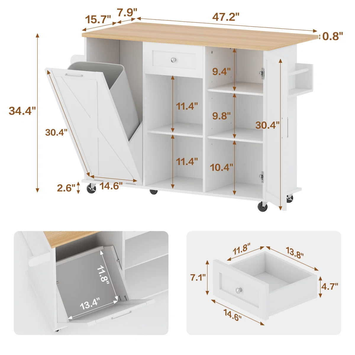 furnlluxra Multi-Functional Kitchen Island Cart with Drop Leaf Countertop, Storage Shelves, Trash Bin, Condiment & Towel Rack