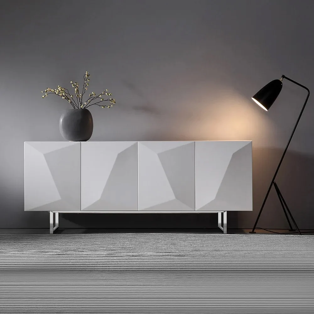 Modern White Geometric Sideboard Cabinet 4 Door Storage Buffet with Metal Legs