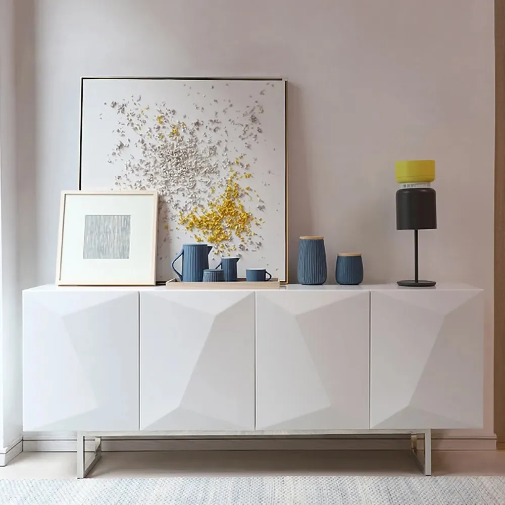 Modern White Geometric Sideboard Cabinet 4 Door Storage Buffet with Metal Legs