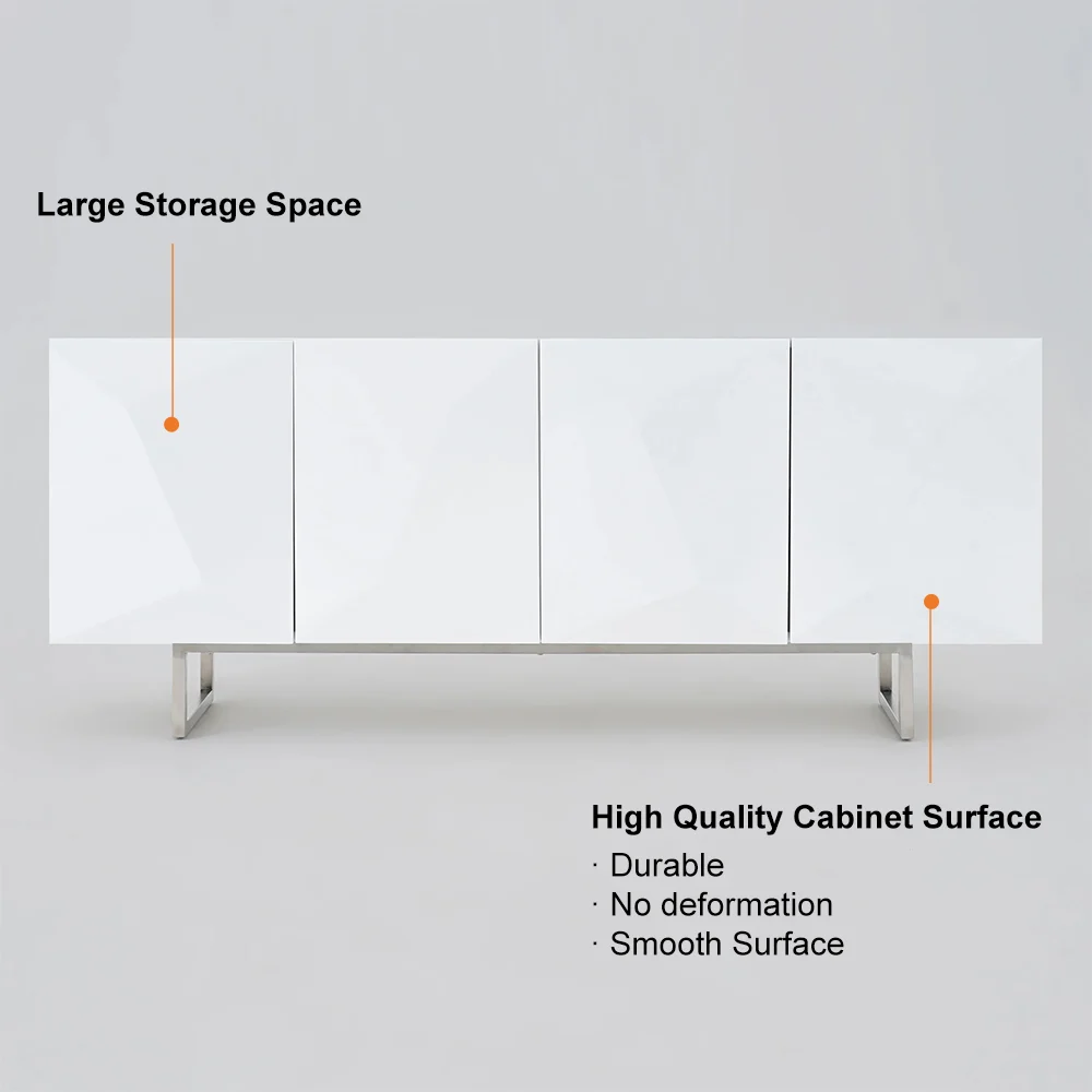 Modern White Geometric Sideboard Cabinet 4 Door Storage Buffet with Metal Legs