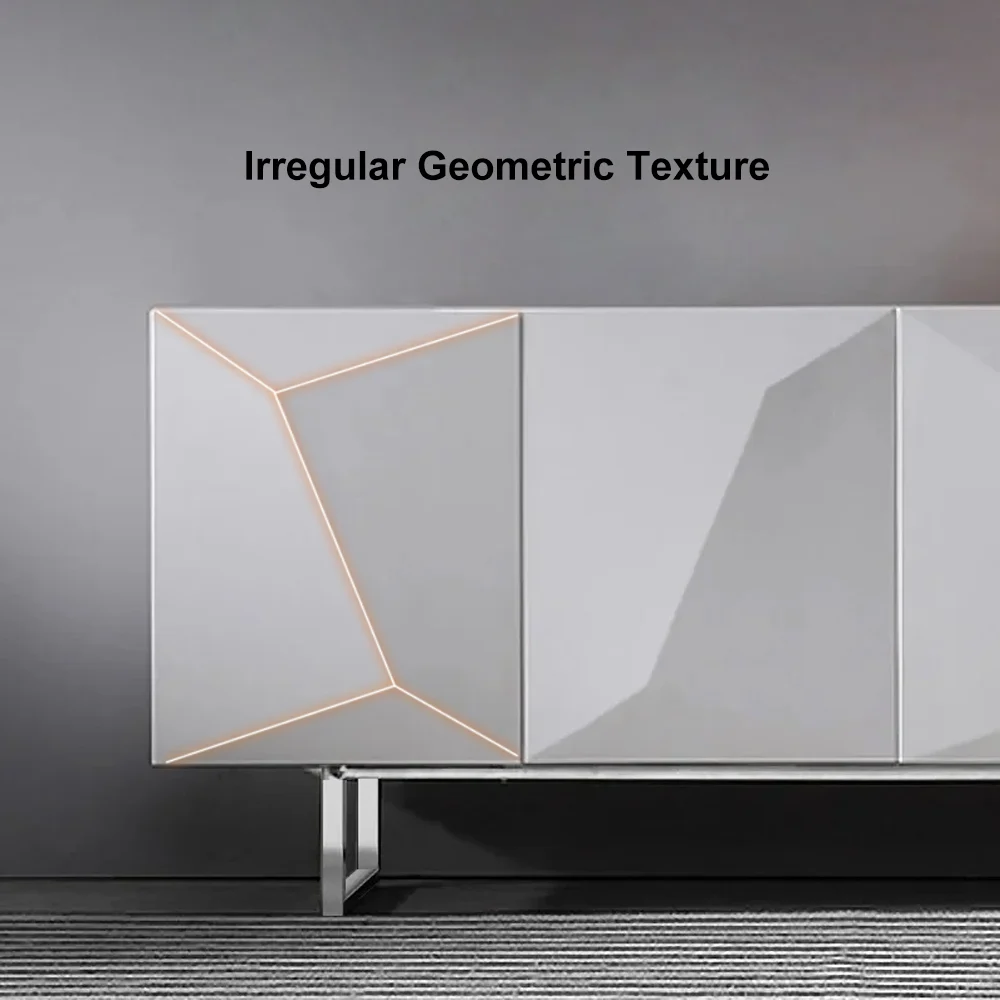 Modern White Geometric Sideboard Cabinet 4 Door Storage Buffet with Metal Legs