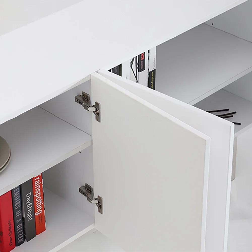 Modern White Geometric Sideboard Cabinet 4 Door Storage Buffet with Metal Legs