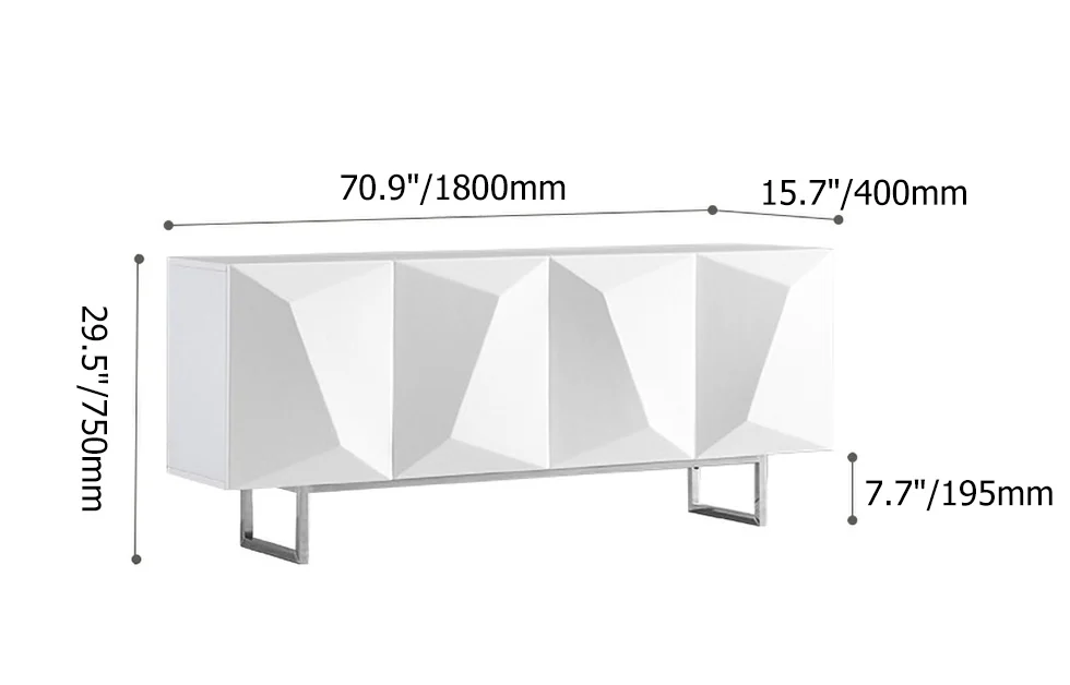 Modern White Geometric Sideboard Cabinet 4 Door Storage Buffet with Metal Legs