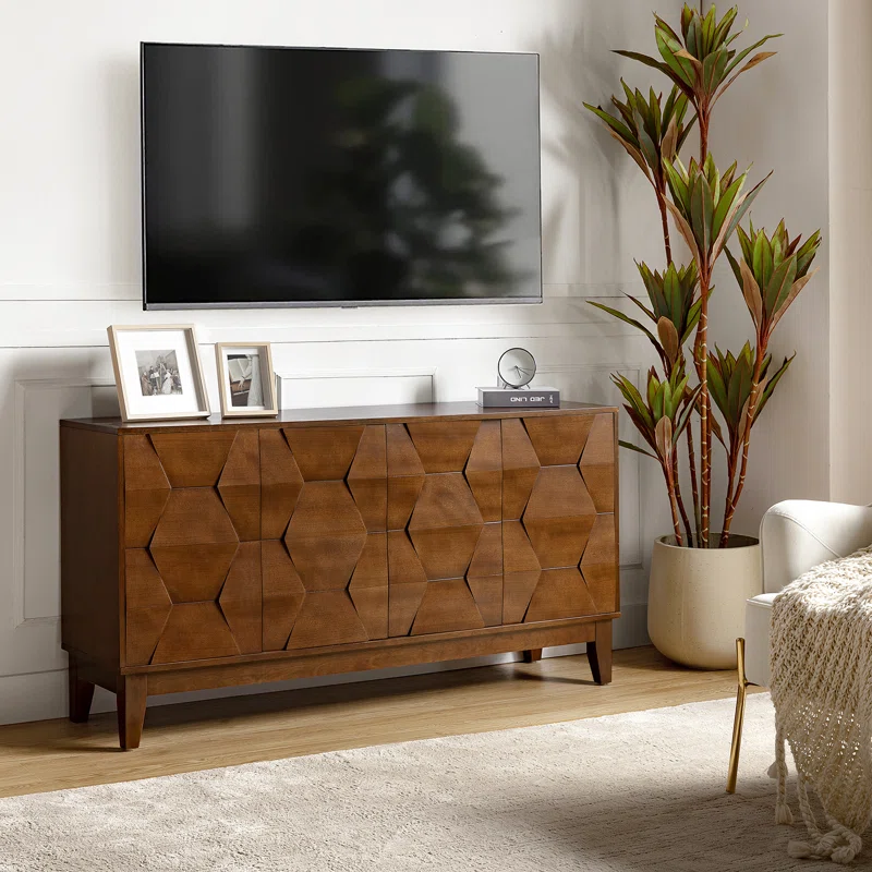 Mid-Century Modern Walnut Sideboard � 60" 4-Door Wooden Buffet Cabinet with Textured Geometric Front