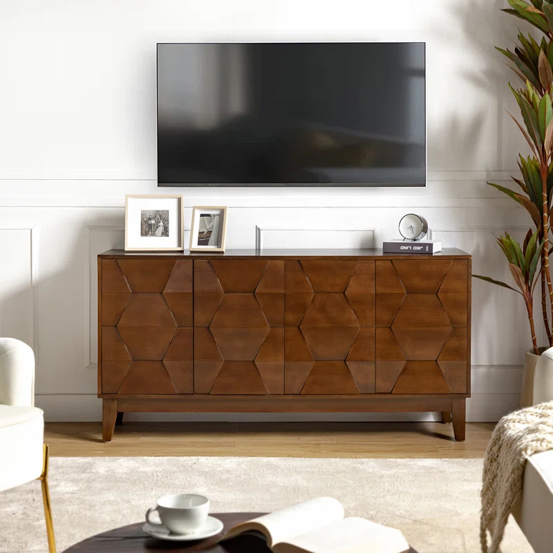 Mid-Century Modern Walnut Sideboard � 60" 4-Door Wooden Buffet Cabinet with Textured Geometric Front