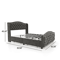 Furnlluxra Queen Size Tufted Upholstered Platform Bed with Nailhead Trim - Dark Grey Velvet