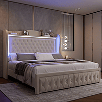 Furnlluxra Queen Size Cream Upholstered Platform Bed with LED Headboard, Tufting & Storage Drawers