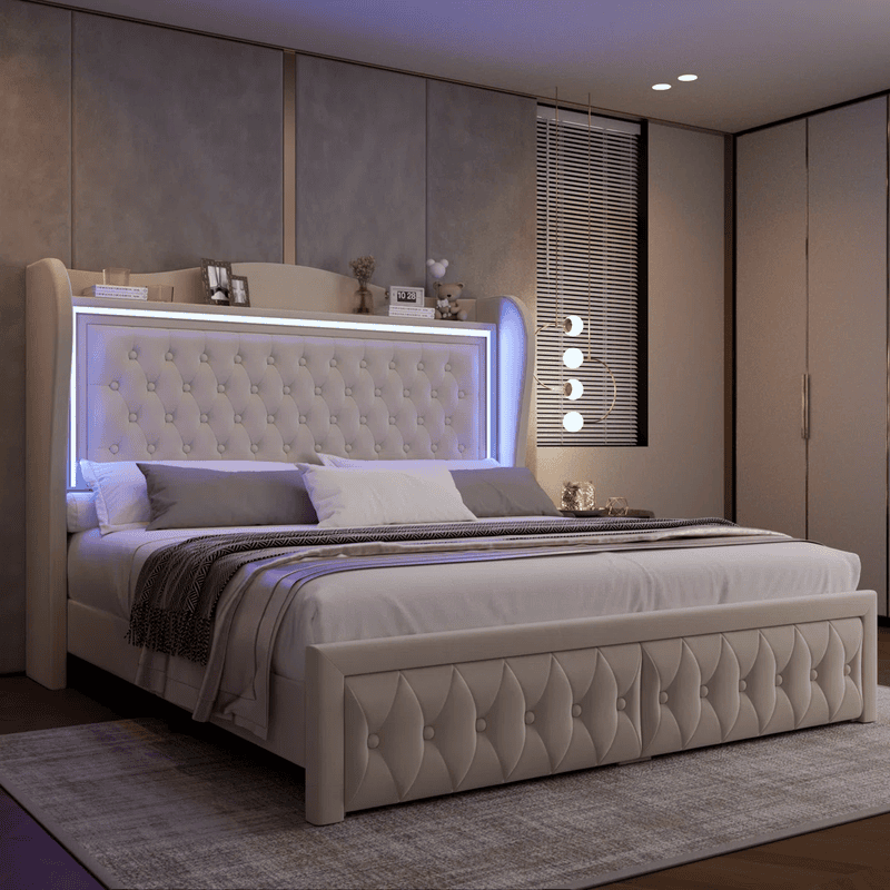 Furnlluxra Queen Size Cream Upholstered Platform Bed with LED Headboard, Tufting & Storage Drawers