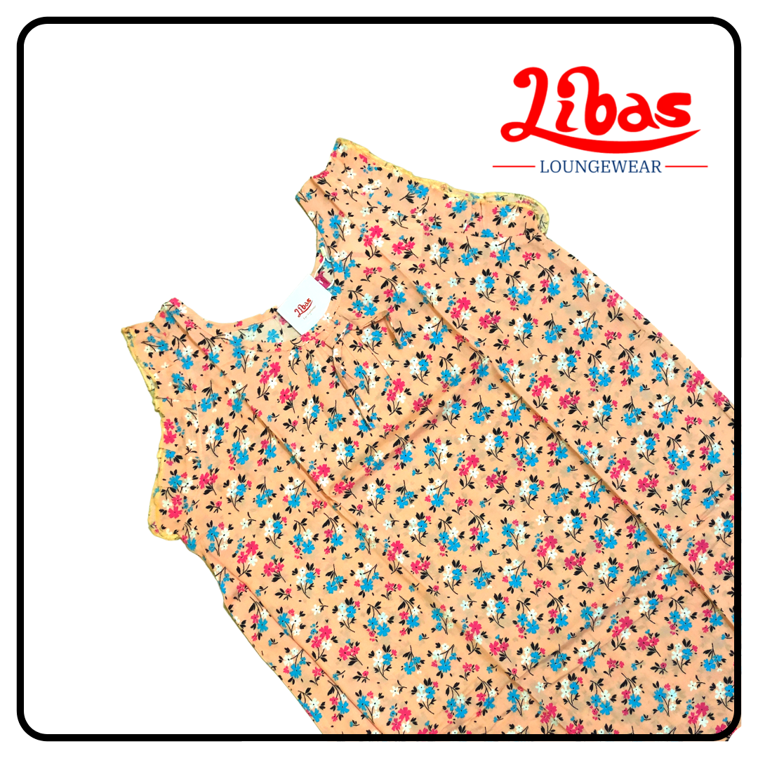 Floral printed rayon sleevless nighty with Light orange tone from libas loungewear-SL060 Floral printed rayon sleevless nighty with Light orange tone from libas loungewear-SL060