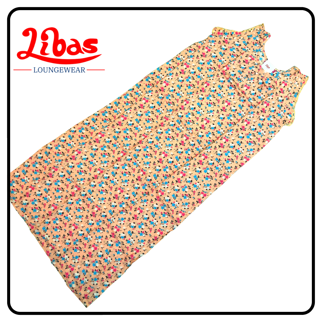 Floral printed rayon sleevless nighty with Light orange tone from libas loungewear-SL060 Floral printed rayon sleevless nighty with Light orange tone from libas loungewear-SL060