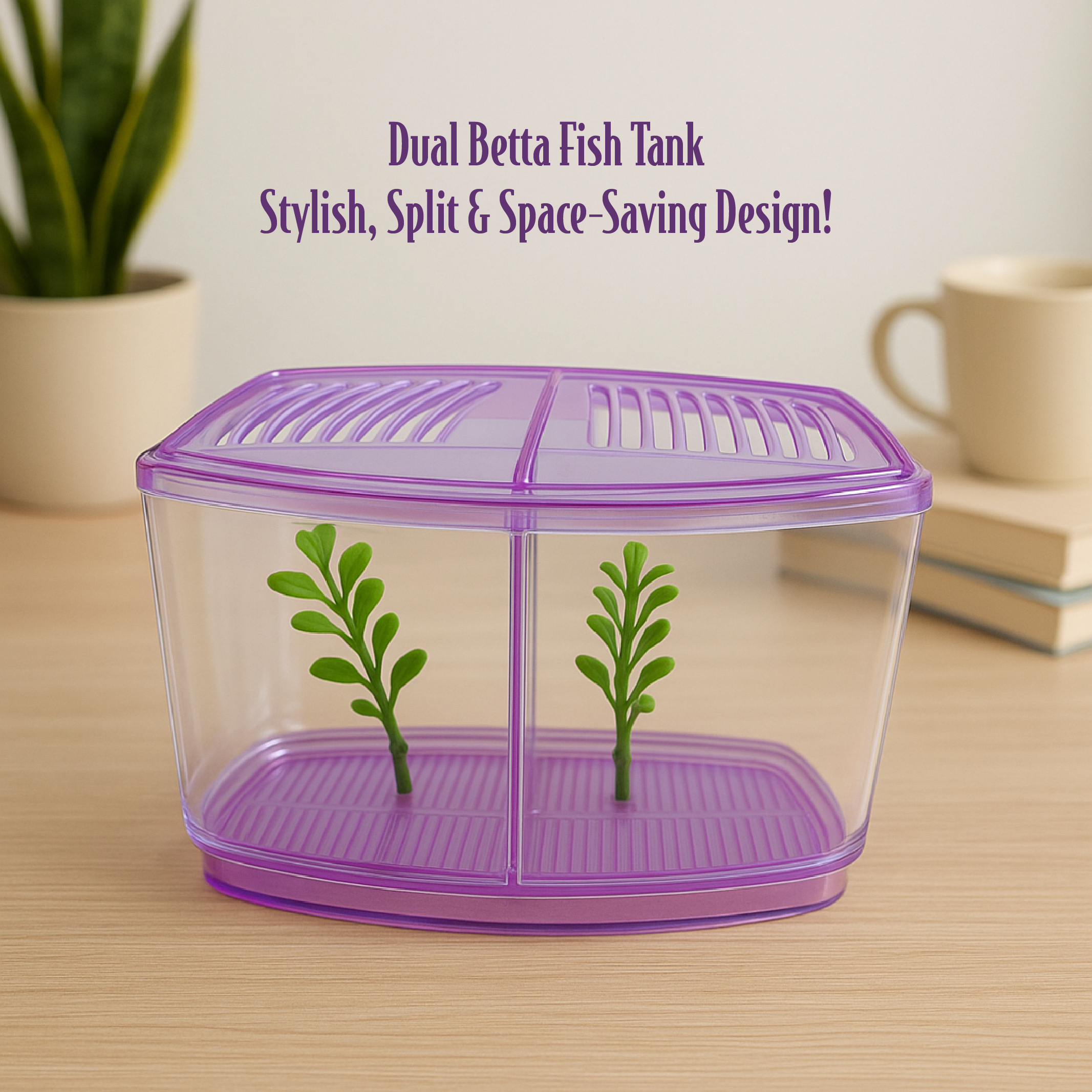 FlyExtreme Double Betta Fish Tank with Divider and Hood | Dual Compartment with Plants