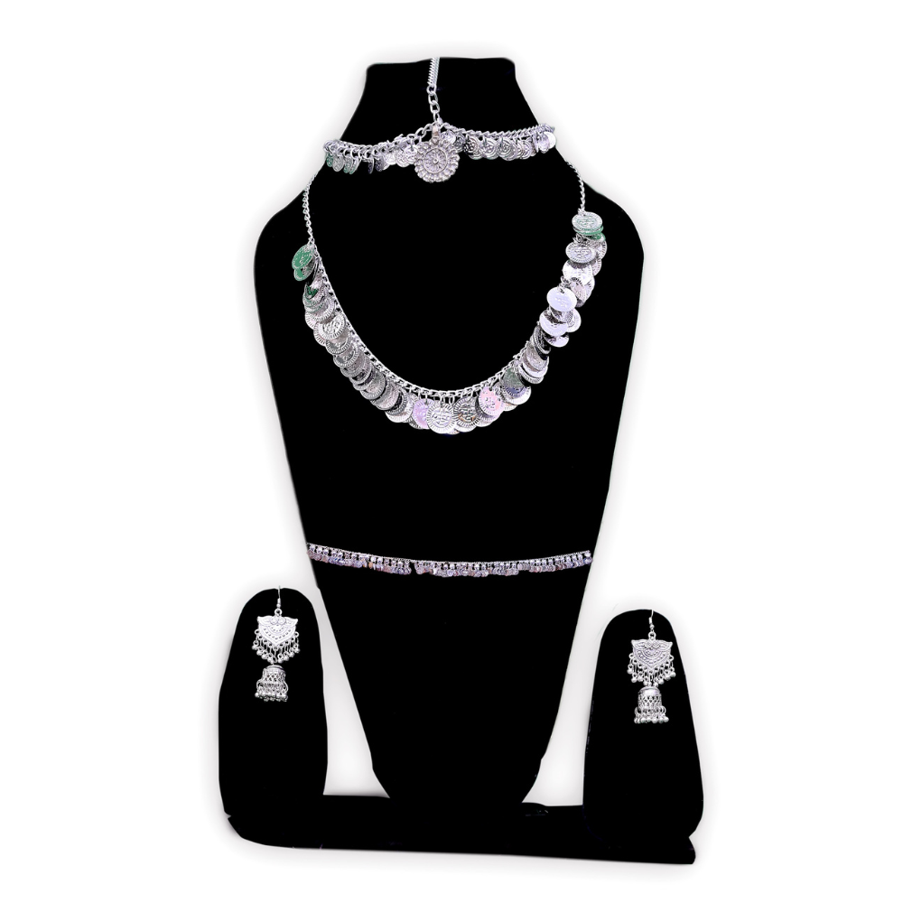Folk Dance Silver Jewellery Set with Three Layer Maang Tikka