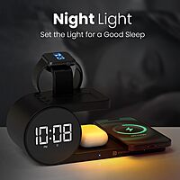 Portronics Freedom 6 15W Wireless Charger with 6-in-1 Function, Earbuds & Watch Wireless Charging, Digital Clock with Alarm, Compatible with iPhones/Samsung Smartphone Series, Support Fast Charging
